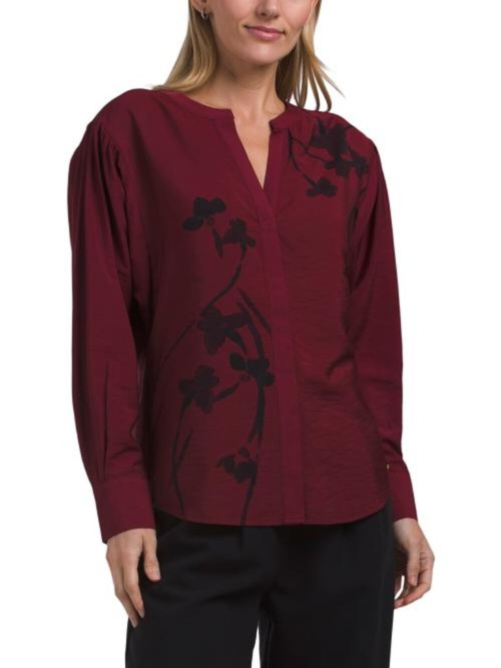 BADGLEY MISCHKA Long Sleeve Split Neck Top With Hi-lo Hem